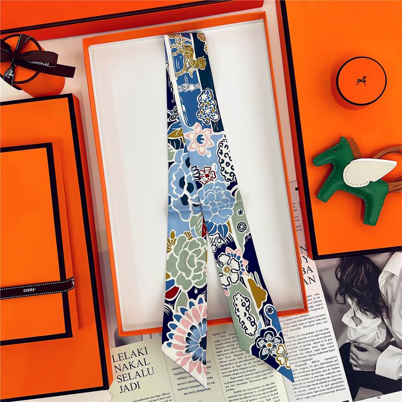 Brand Design Twill 100% Silk Scarf Luxury Print Flowers Scarf Women Foulard Skinny Bag Scarves New Hot Neckerchief Hair Headband