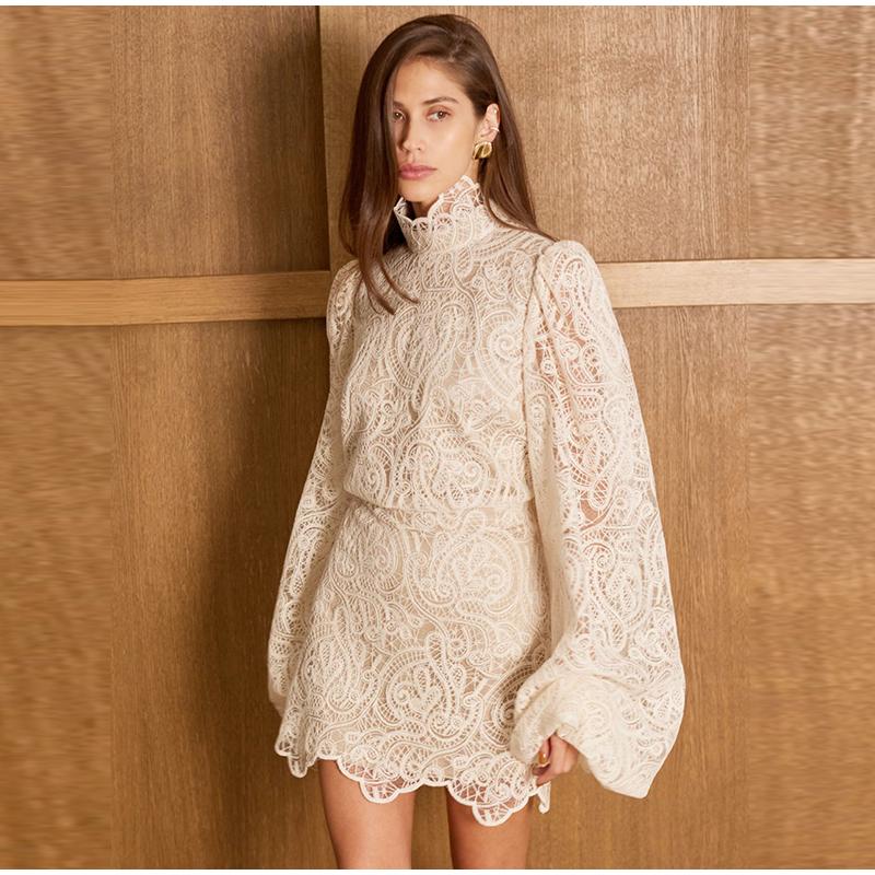 Mote Blonde Hekte Blomsterskjørtsett Dame Høyhalset Genser Lang Lantern Erme Bluse A-linje Miniskjørt 2025 Vår Høst Dameantrekk