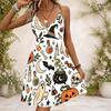 Women Plus Size V Neck Strappy Sleeveless Sugar Skull Floral Printed Gathered Waist Flared Dress