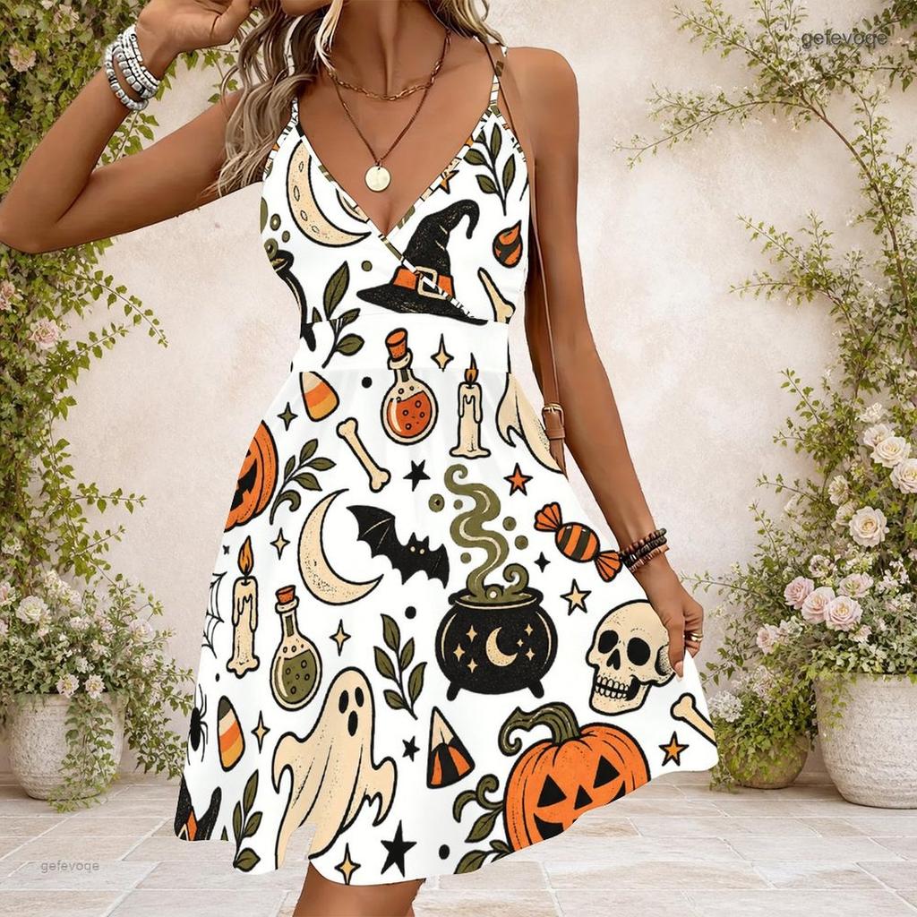 Women Plus Size V Neck Strappy Sleeveless Sugar Skull Floral Printed Gathered Waist Flared Dress