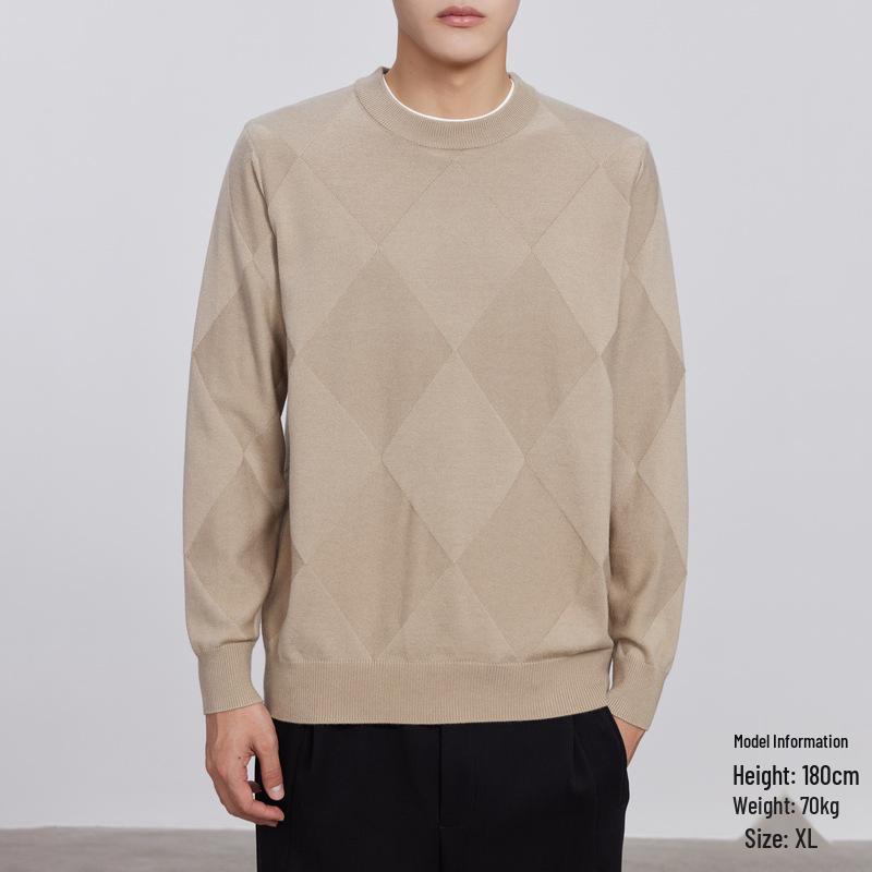 Men's High-Quality Diamond Jacquard Round Neck Sweater, 2024 Autumn/Winter, Slightly Loose Long Sleeve Knitwear