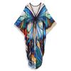 EDOLYNSA Summer Women Vacation Boho Blue Floral Printed V-neck Batwing Sleeve Loose Kaftan Robe 2024 Swimwear Cover Up Casual Beachwear Q1588