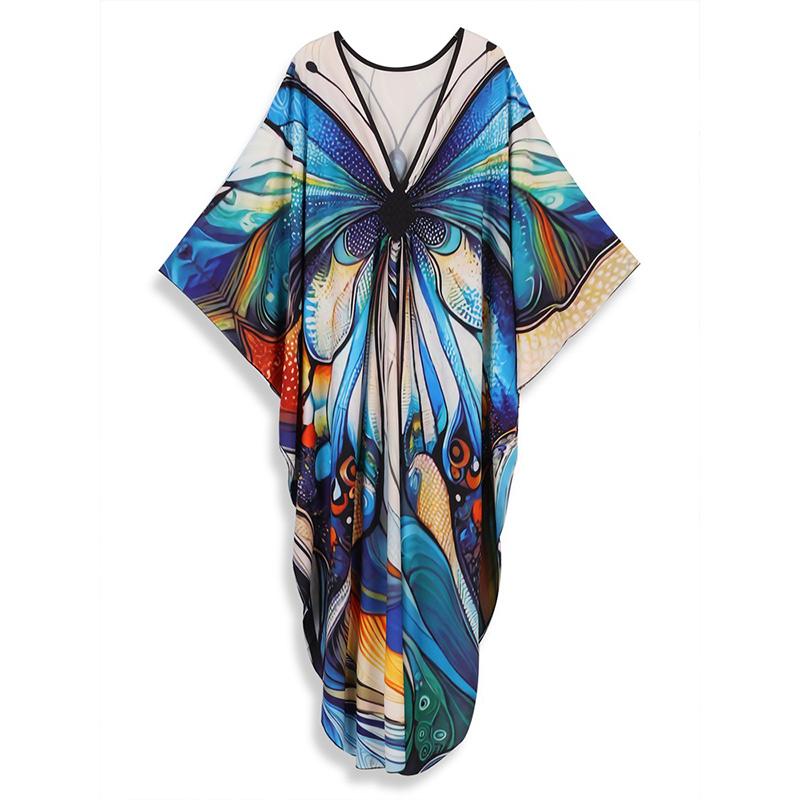 EDOLYNSA Summer Women Vacation Boho Blue Floral Printed V-neck Batwing Sleeve Loose Kaftan Robe 2024 Swimwear Cover Up Casual Beachwear Q1588