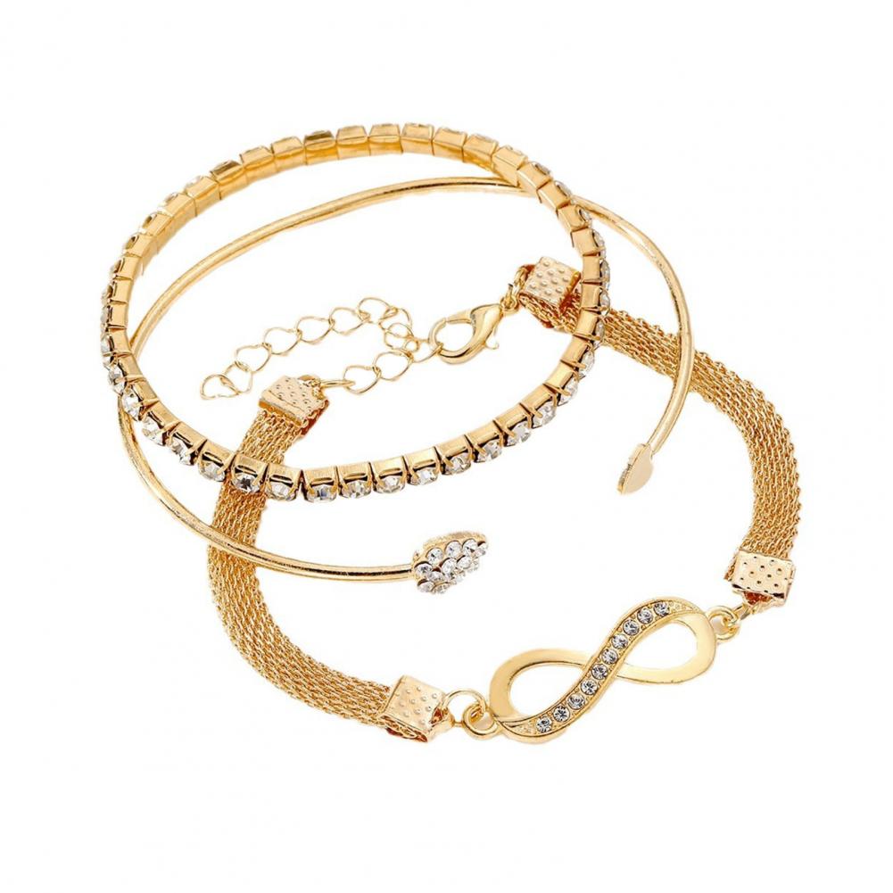 3 Pcs Women Bracelets Rhinestone Decor Hollow Infinite Symbol Heart Stackable Wrist Jewelry Lady Prom Party Wedding Bangle Set