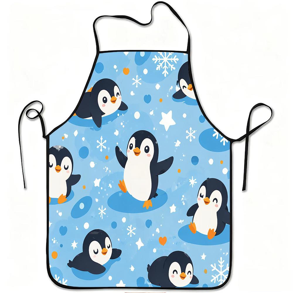 1pc Cute Penguin Snowflake Winter Print Apron, Durable And Easy to Clean, Adjustable Waistband, Polyester Material, for Kitchen Cooking, Gardening, Or