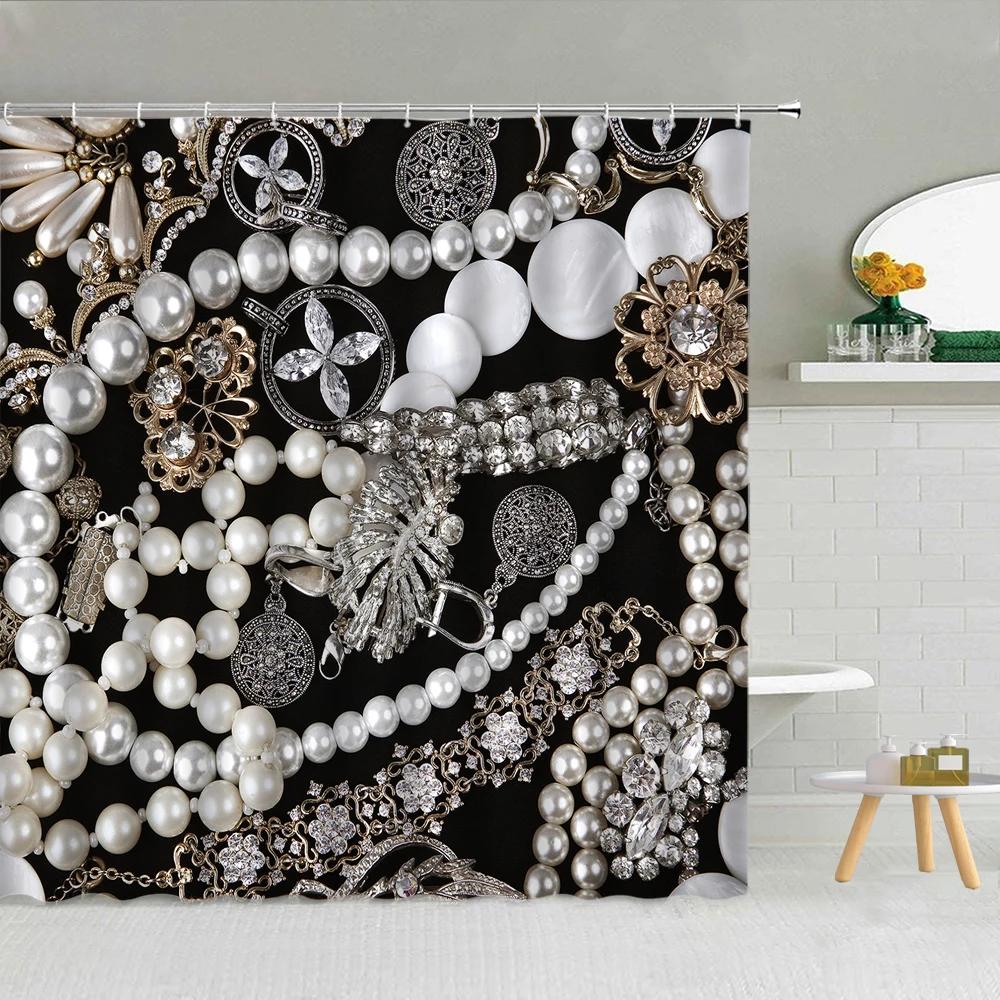 Perle Diamant Blume Duschvorhang Luxus Schmuck Druck Badezimmer Dekoration Damen Wasserdichtes Gewebe Badewannen-Bildschirm Mit Haken