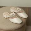 WTEMPO Summer Wrapped Toe Sandals Women's Square Toe Middle Thick Heel Pearl Soft Leather Soft Sole Slippers Fairy Style Comfortable Wear-resistant