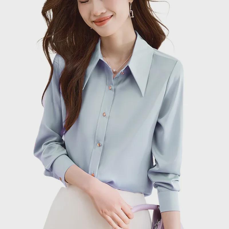 Women's Fashionable Purple Satin Long-Sleeve Shirt for Early Spring - Chic & Stylish OL Commute Wear.