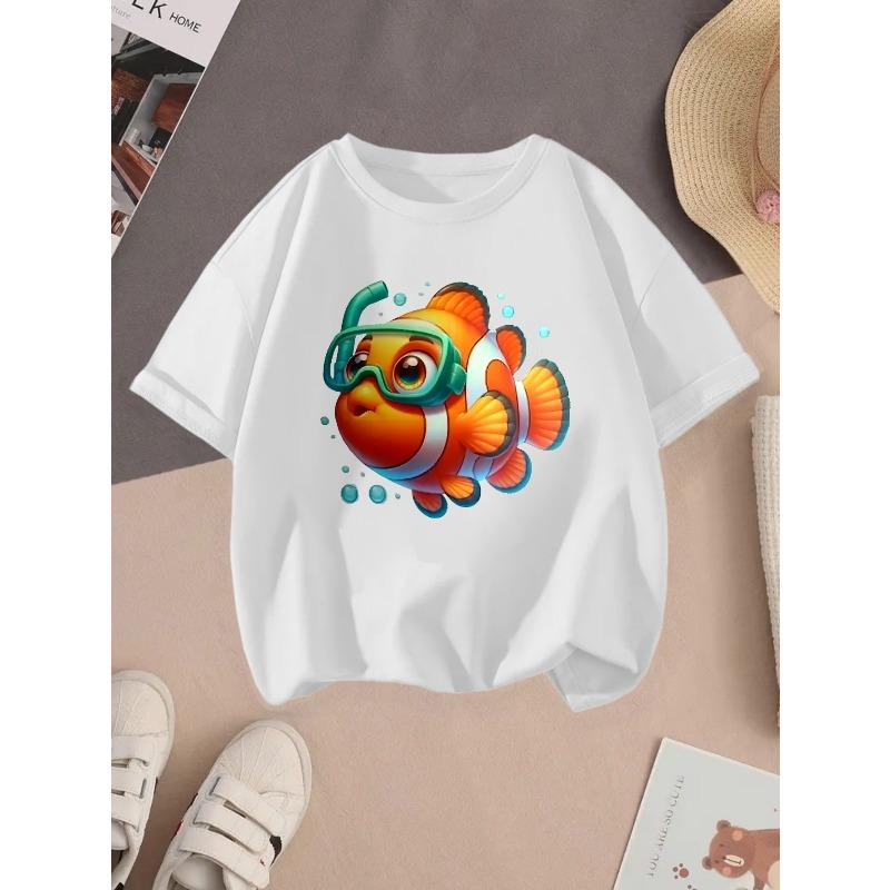 European sizes Clown Fish Cotton Girls T-shirt 110 белый