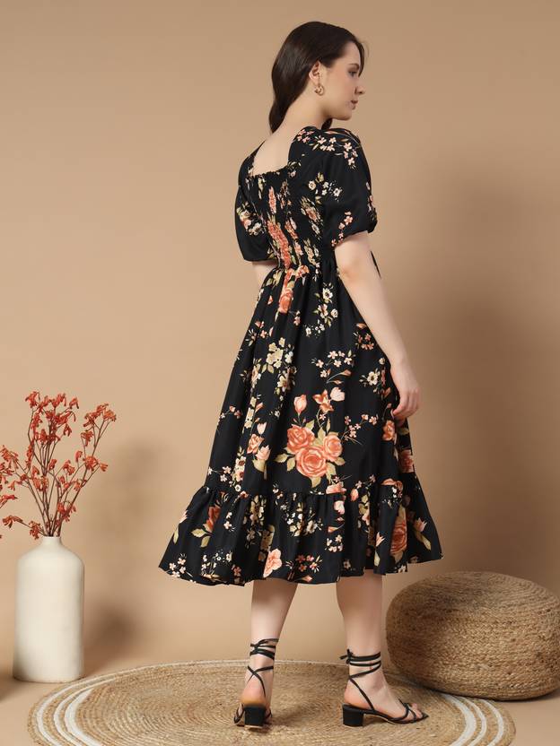 Women Empire Waist Black Midi/Calf Length Dress Gown Kurta Party Wear Top Tunic