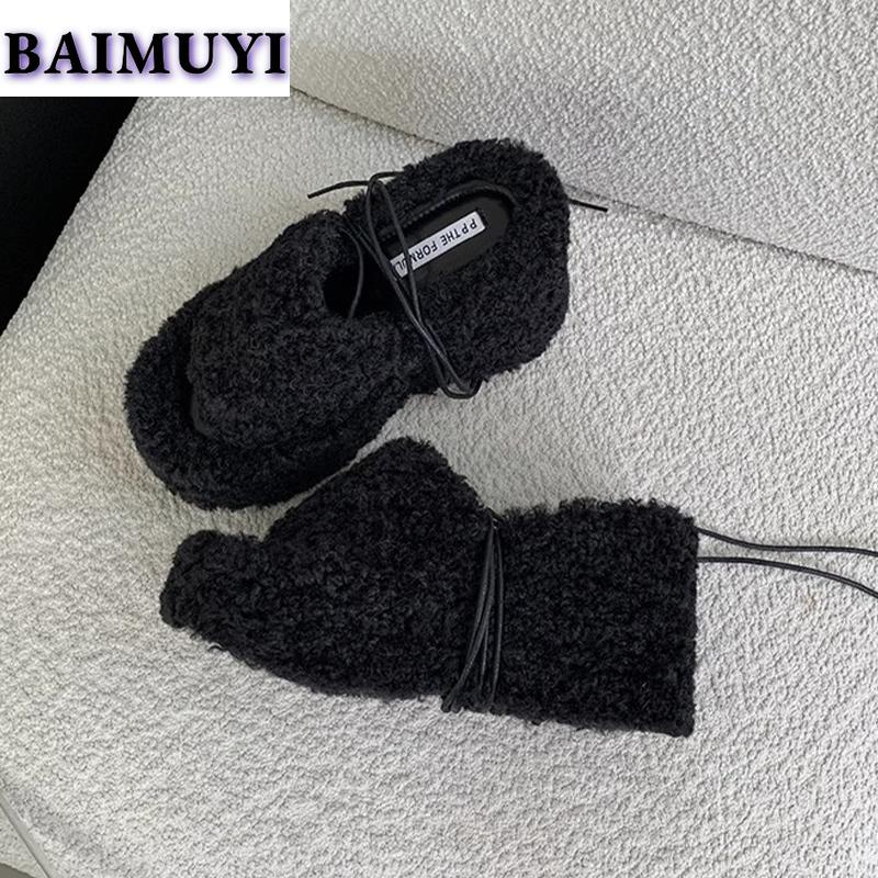 Fur Platform Wedges Women Slippers High Heels Shoes 2025 Trend Slingback Open Toe Short Plush Flip Flops Pumps Mujer Zapatos
