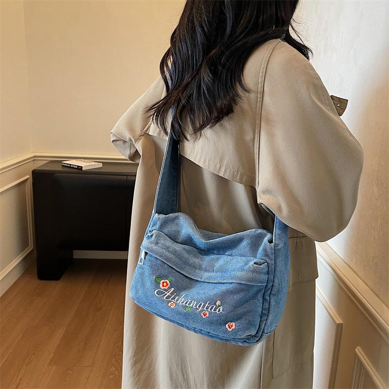 Fall 2025 New Denim Handbag Embroidered Niche Design Fashionable Simple Commuter Crossbody Bag