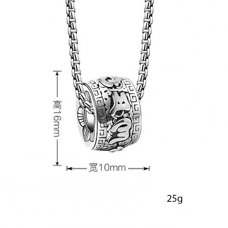 European and American Retro Six Character Auspicious Cloud Cylindrical Pendant, Trendy Titanium Steel Men's Necklace