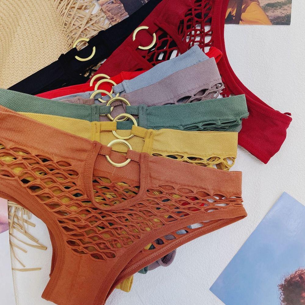 3Pcs Soild Color Fishing Net Briefs Middle Waist Women Underpants Elastic Female Lingeries Female