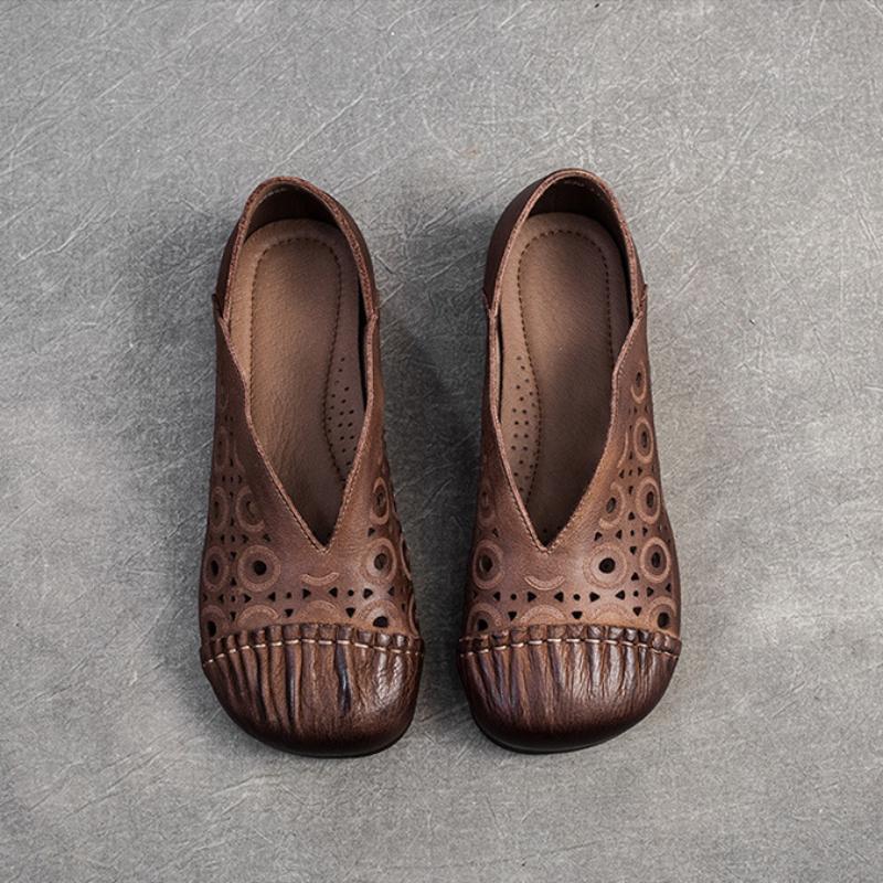 Johnature Retro-Echtleder, ausgehöhlt, atmungsaktiv, flache Schuhe, runde Zehen, lässige Damen-Slip-on-Schuhe