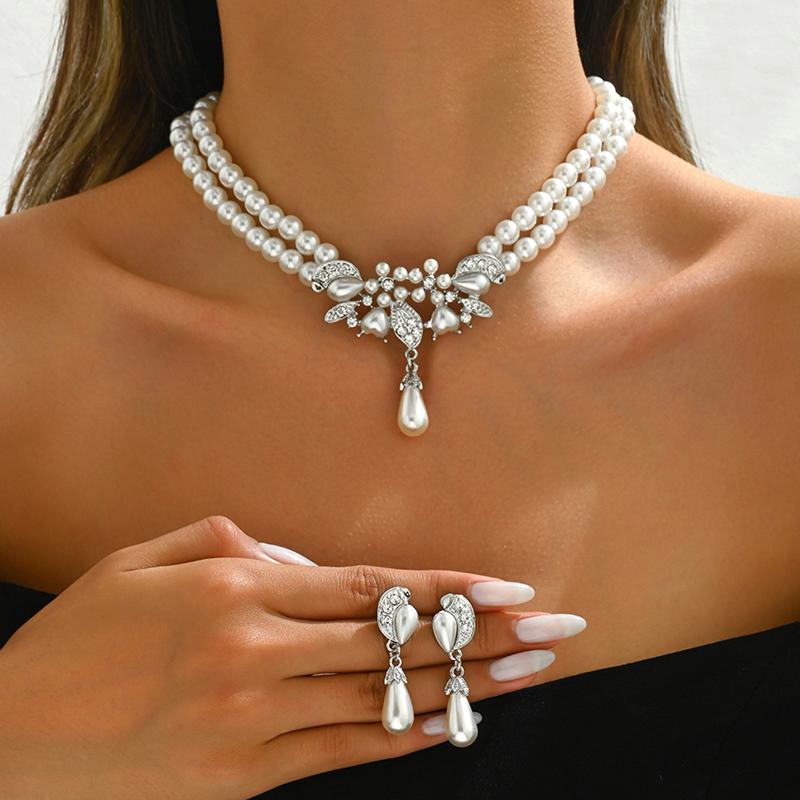 Fashion Imitation Pearl Necklace Two Layer Pearl Necklace Earrings Jewelry Beaded Necklace