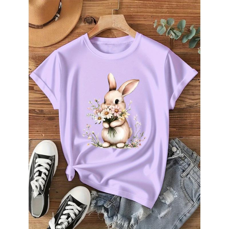 Cute Bunny and Flower Printed T-shirt, Short-sleeved Crew Neck Casual Top