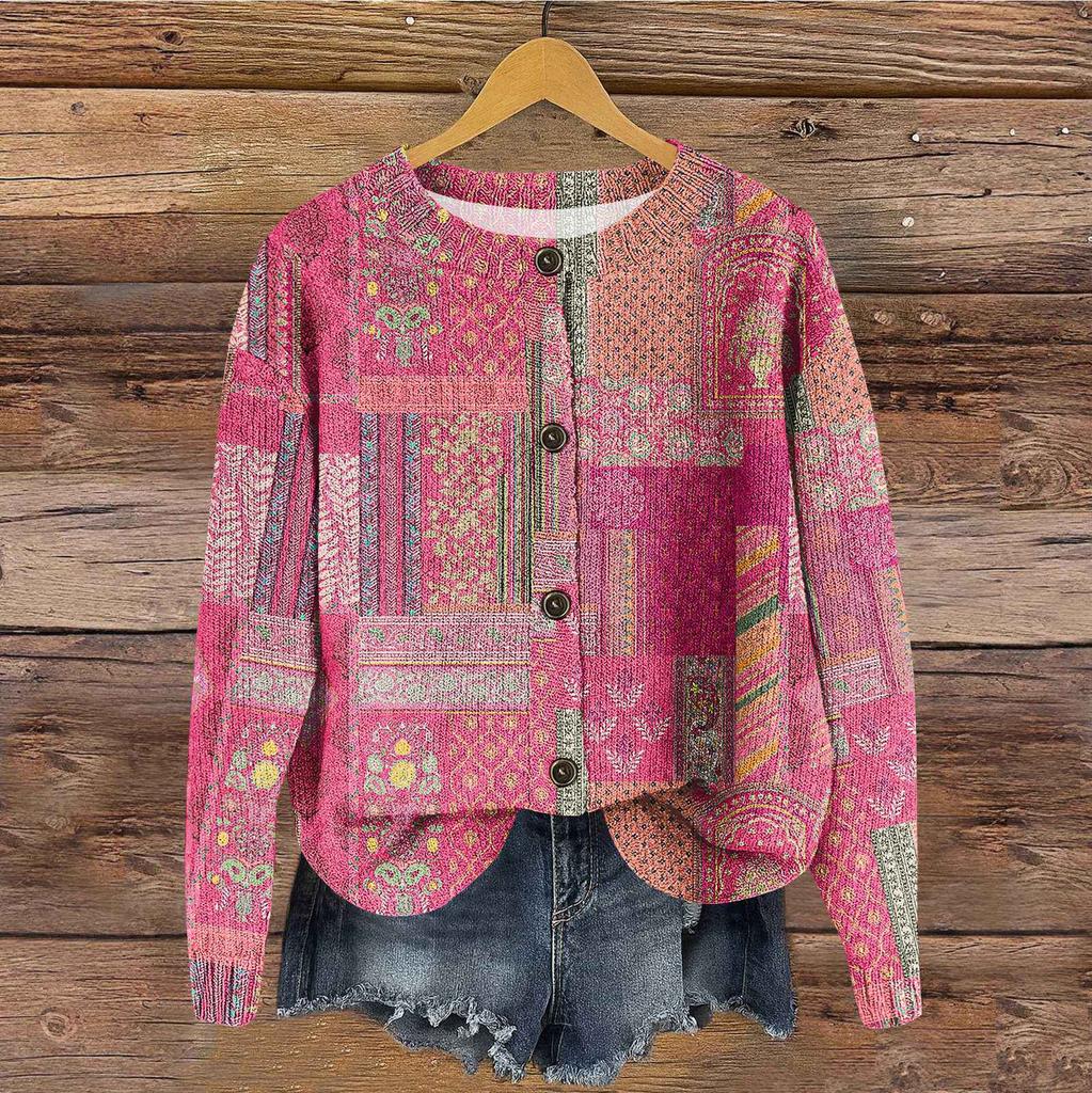 Women's Vintage Knit Button Vintage Print Cardigan Jacket