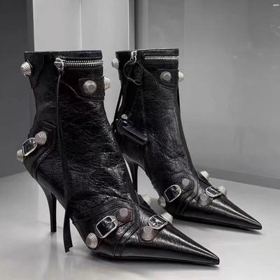Złote Srebrne Damskie Buty na Wysokim Obcasie Szpiczasty Nosek Szpilki Kozaki do Kolana Seksowne Damskie Nitowane Retro Czółenka Botki