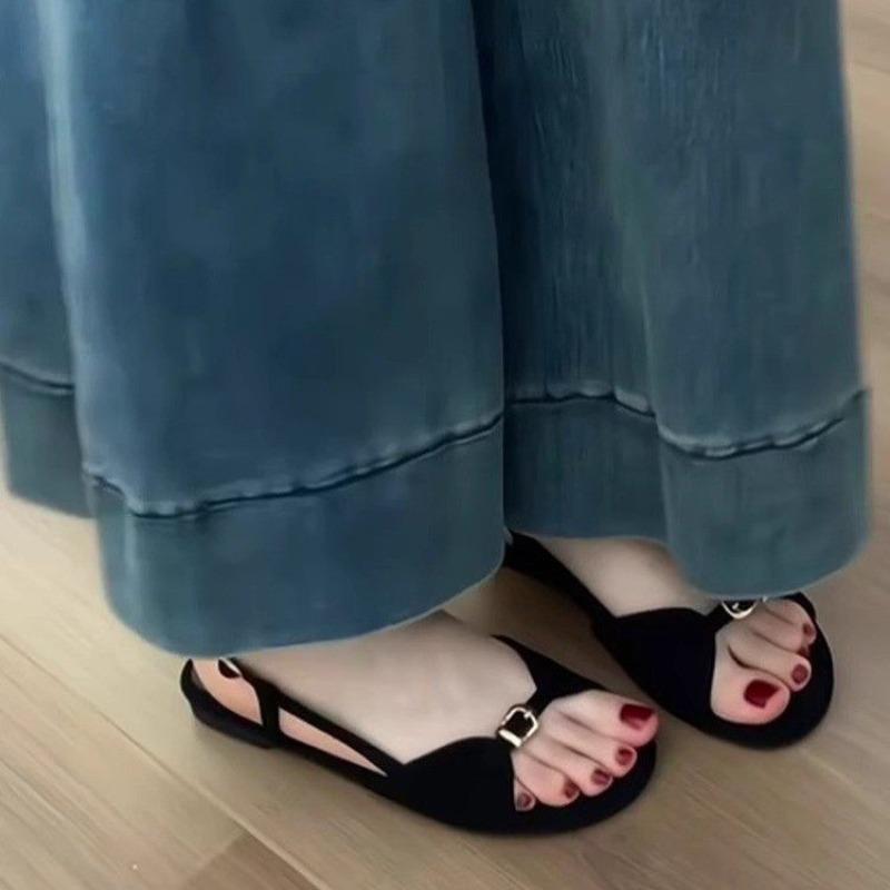 Vintage Flat Sandals Women's Summer New Round Toe Open Toe Metal Buckle One Slip Strap Soft Sole Anti-slip Roman Shoes