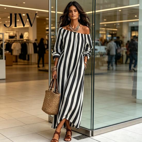 Lightweight Polyester Dress Summer Women Striped Long Dress, Off Shoulder Sleeve Casual Ankle Length Loose Swing with Side Pocket Outfit