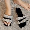 Fashion 2025 Summer New Square Toe Solid Color Plus Size One Strap Bowknot Flat High-End Sandals for Women Anti-Slip Outdoor Slides
