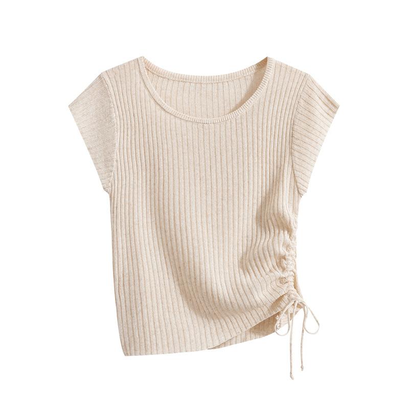 Short-sleeved Knitted Sweater for Women, Summer, Thin, Form-fitting, Drawstring, Cinched Waist T-shirt, Short, Small Fly-sleeved Design Top