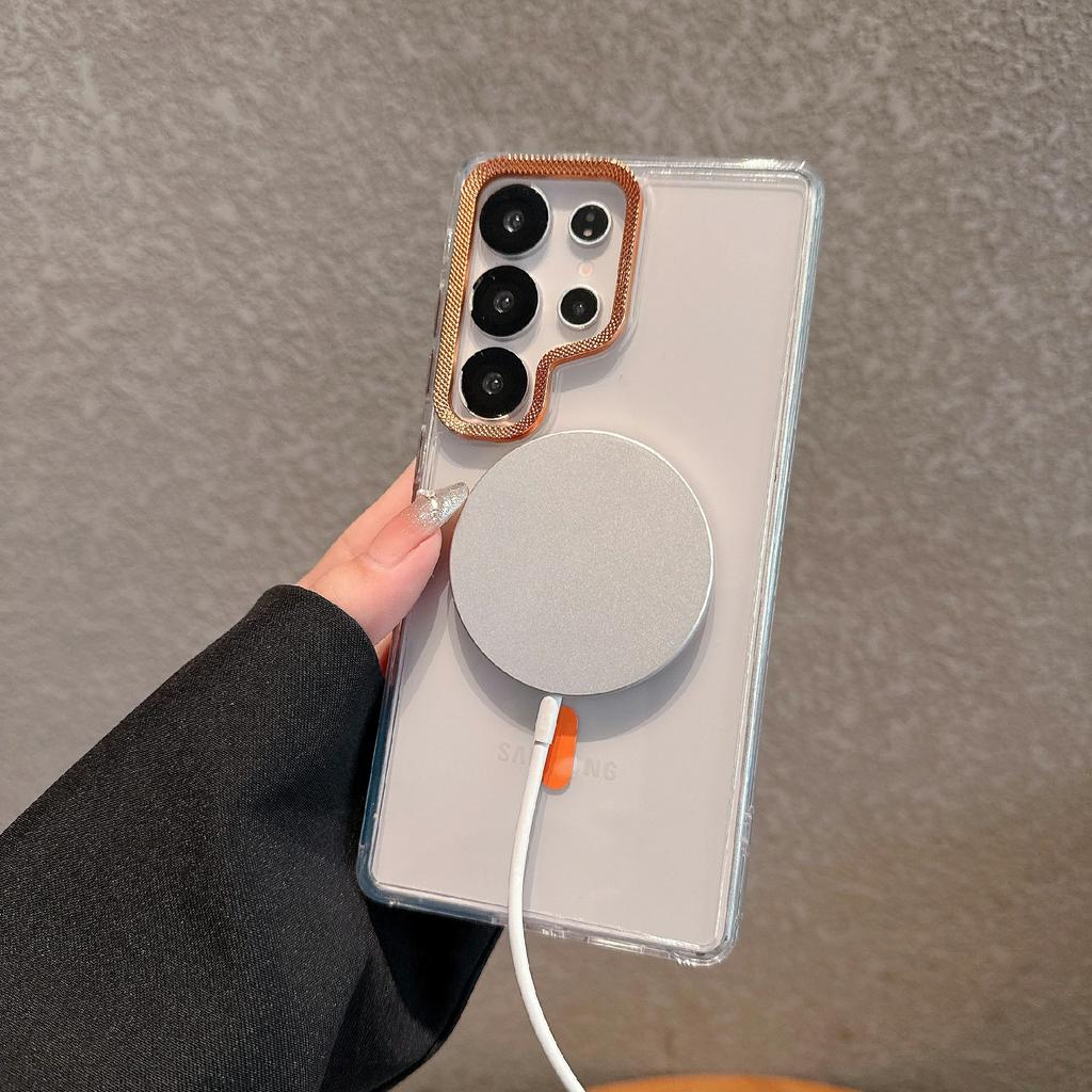 For Samsung Galaxy S24 Ultra Case Compatible with MagSafe PC+TPU Clear Phone Cover with Diamond Texture Lens Frame