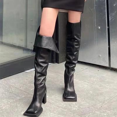 Square Toe Platform Crude Heel Women's Over-the-knee Boots Black Fashion Street Style Women Shoes Neutral Retro Bota Feminina