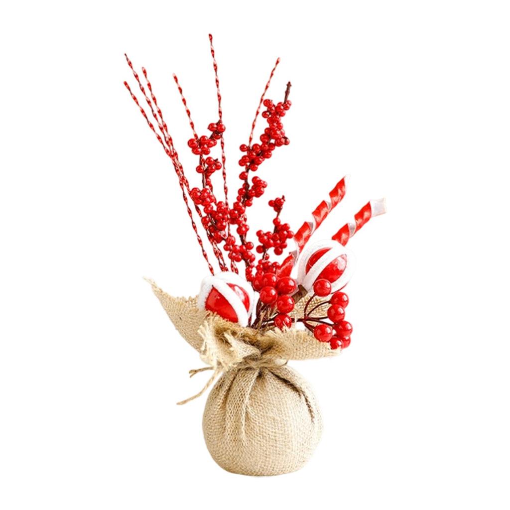 Desktop Xmas Tree Decoration with Red Berries and Burlap Base Mini Christmas Decor for Home Office Party