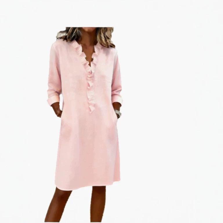 Rochie cămașă de damă din bumbac și in, cu mânecă lungă, la modă și elegantă, cu margini din lemn la urechi, noua colecție de primăvară
