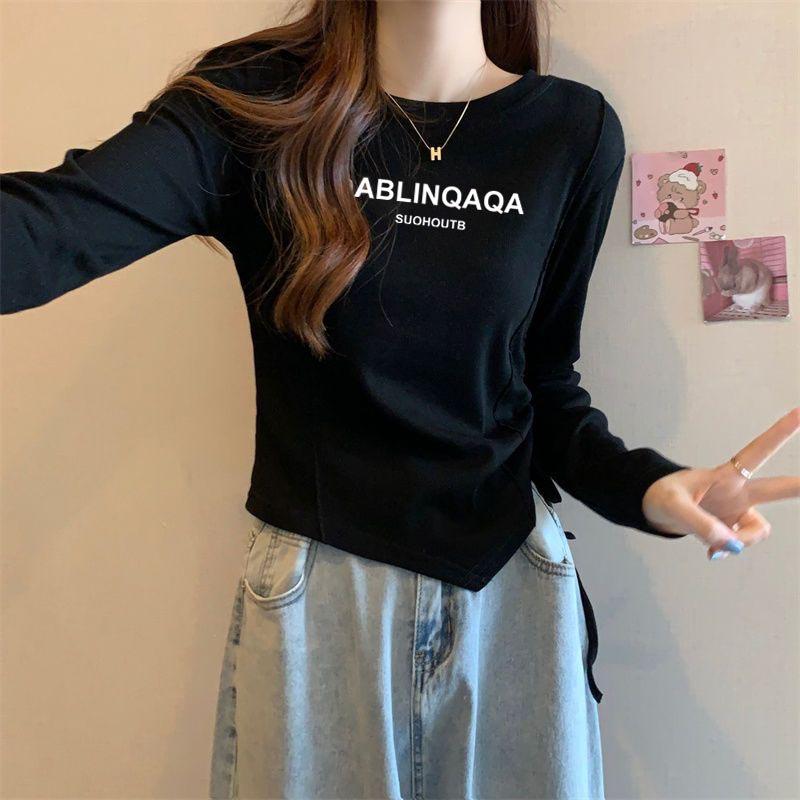 

Футболка с длинными рукавами и французским круглым вырезом для женщин на весну и осень, новый дизайн, однотонный короткий тонкий топ с принтом S чёрный