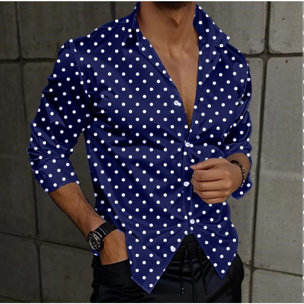 Camisas de Manga Larga con Estampado de Lunares para Hombre Cárdigan Casual Botón Nuevo Moda Festiva Camisas