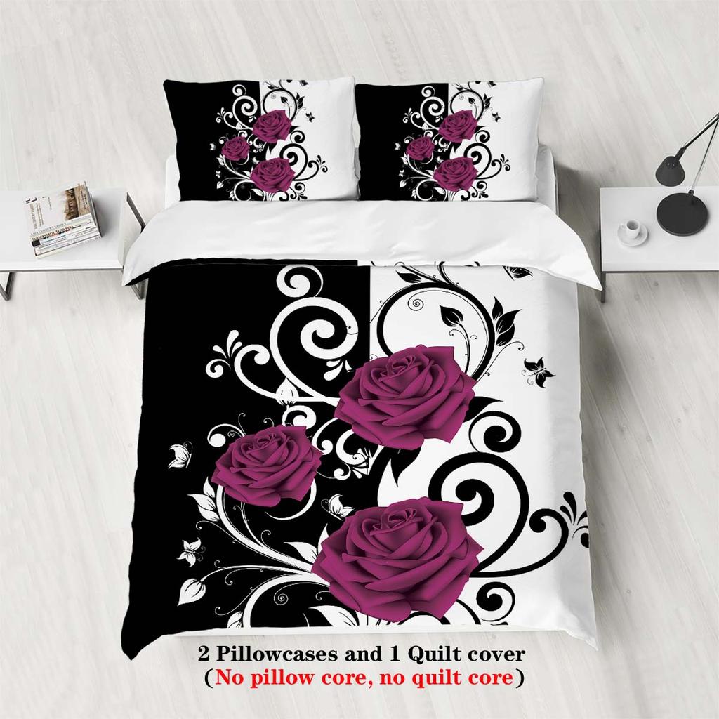 3-teiliges Bettwäscheset mit lila Rosenmusterdruck, 1*Bettbezug+2*Kissenbezug, geeignet für Mädchen- und Frauenschlafzimmer, Geburtstagsgeschenk