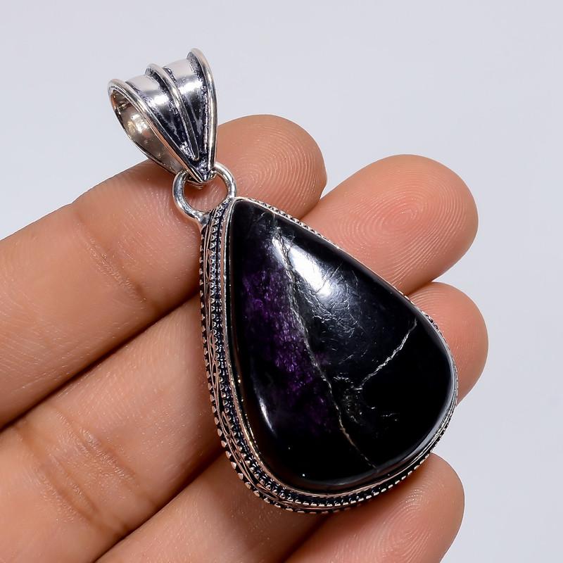 

Elegant Top Grade Qualite 100% Natural Purpurite Pear Shape Vintage Style Handmade Jewelry 925 Steling Silver Plated Pendant 1.9 WSJ-4851 1.9