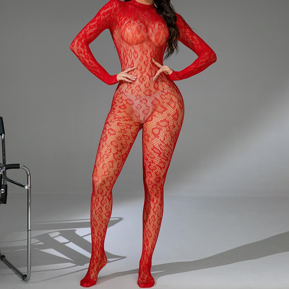 Red sexy lingerie mesh sexy pajamas long-sleeved halter jacquard one-piece tights
