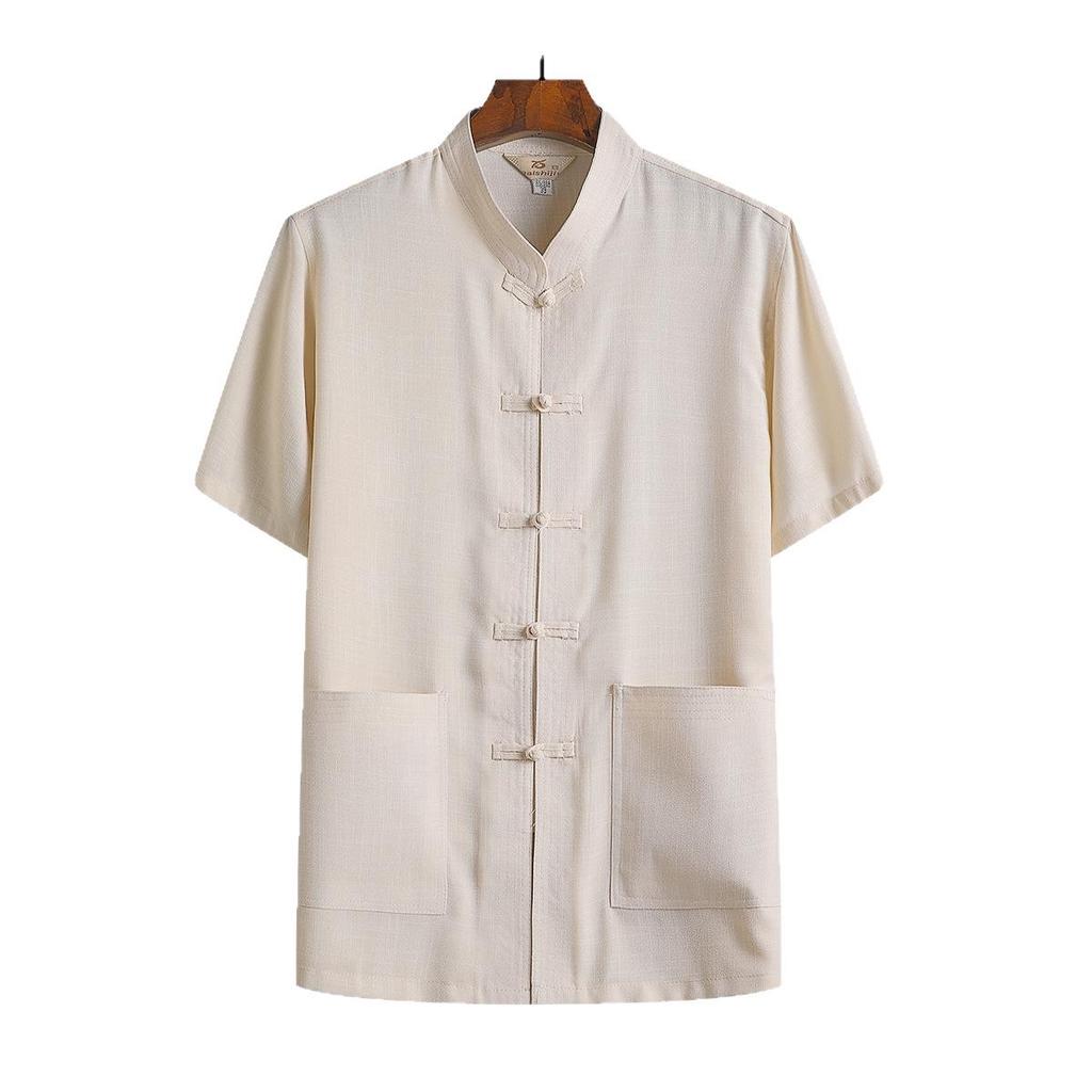Men’s Summer Cotton Linen Tang Suit Top - Short Sleeve, Frog Button, Loose Fit, Casual Style for Middle-Aged & Elderly