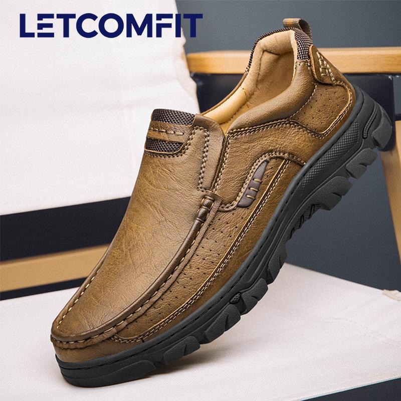 

LETCOMFIT Мужские повседневные кожаные слипоны Износостойкие Противоскользящие С круглым носком Лоферы Толстая подошва Нарядная обувь Всесезонная 39 хаки