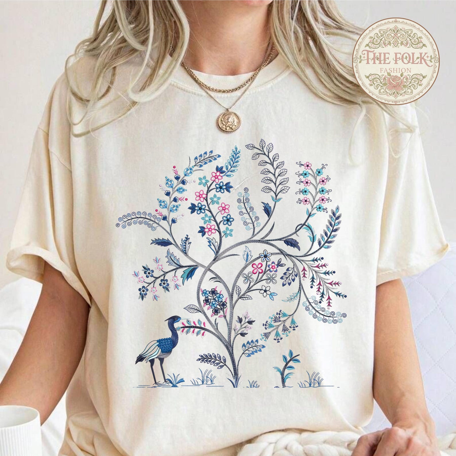 Chinoiserie Tree of Life Shirt, Vintage Bird and Floral Graphic Tee, Aesthetic Folk Art Botanical Tshirt, Comfort Colors Nature Lover Gift L