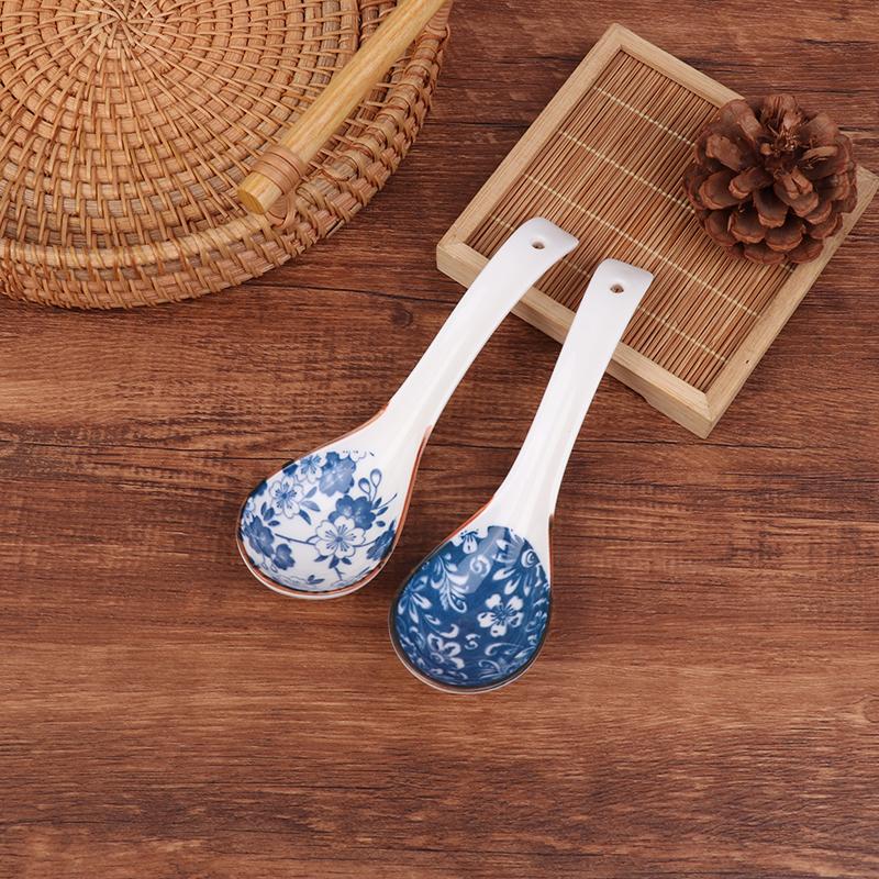 1Pc Blue And White Porcelain Soup Spoon Household Tableware Retro Japanese Style Ceramic Soup Spoons For Home Restaurant