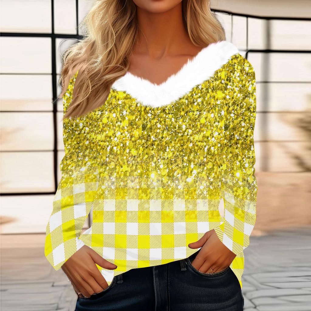 Women's Fashion Long Sleeve Plaid Print Fleece Collar V-Neck Top