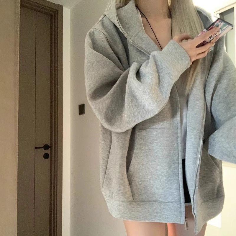 Women Autumn Winter Casual Long Sleeve Hooded Solid Color Light Fleece Big Pocket Loose Zip Coat