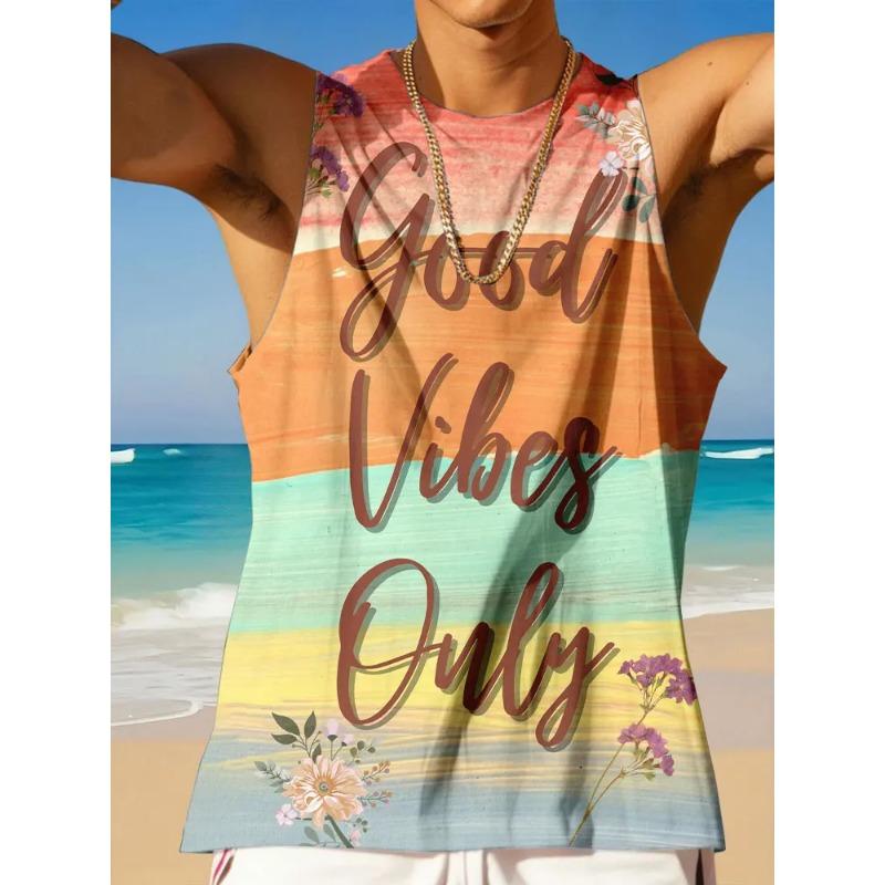 Summer Round Neck 3D Palm Leaf Printed Top Fashionable Casual Hawaiian Beach Sleeveless Vest Men's T-shirts