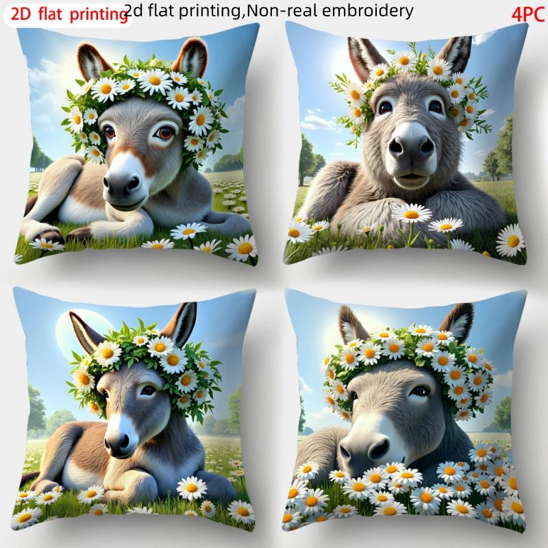 Cute Donkey With Daisy Wreath Throw Pillow Covers, Adorable Donkey In Daisy Field Print Cushion Cases, Farmhouse Home Decor Peach skin 18*18(CM)-1Pcs