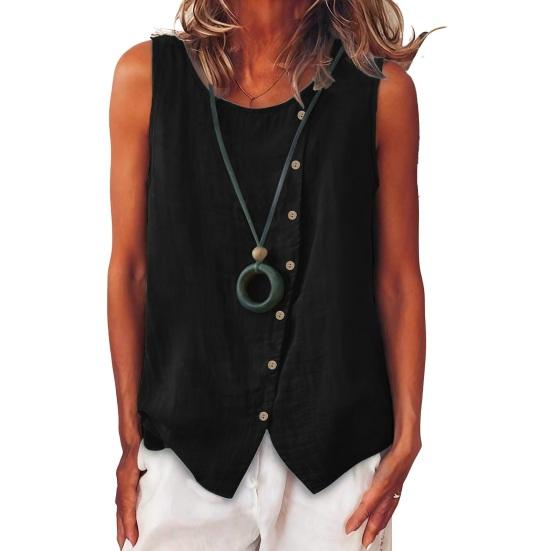

Women Tops Crew Neck Sleeveless Side Buttons Decor Asymmetric Design Pullover Tops Pure Color Loose Fit Summer Vest L