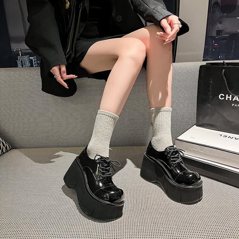 Fashion Women's New Genuine Leather Cowhide Thick Soled Waterproof Platform High Heels Lace Up College Style Single Shoes Casual Shoes