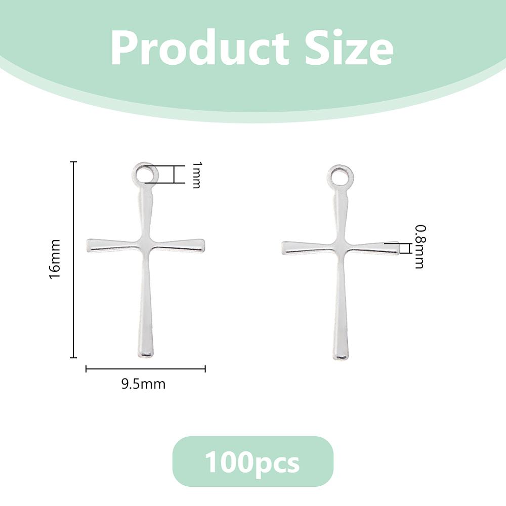 100Pcs 304 Stainless Steel Pendants Cross Stainless Steel Color 16x9.5x0.8mm Hole: 1mm