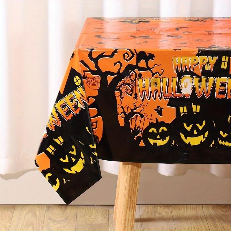 1 piece of happy Halloween plastic tablecloth - with patterns of castle, ghost, pumpkin and spider.PMJ