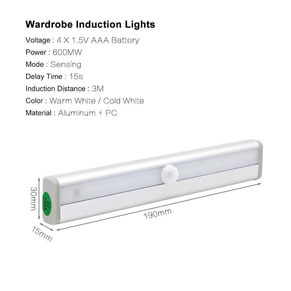 1pcs LED Under Cabinet Lights PIR Motion Sensor Closet 10leds Night Lamp For Home Wardrobe Bedroom Corridor Cupboard Kitchen