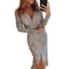New Women's Shiny Gold Foil Print Long Sleeve V-neck Sexy Evening Party Dress